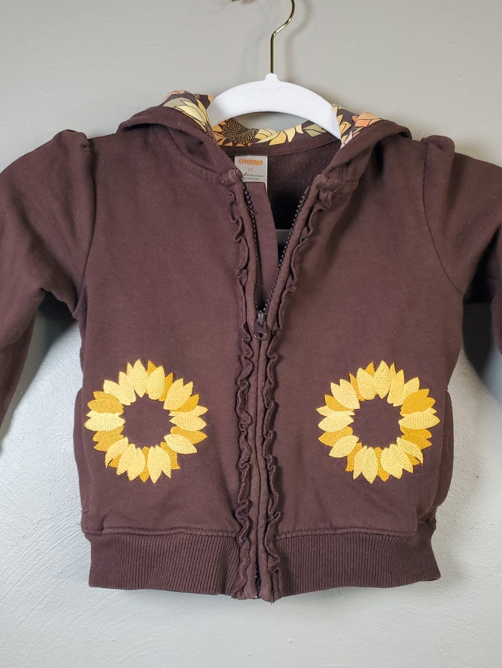 Gymboree Brown Zip Hoodie with Yellow Sunflower Appliqués
